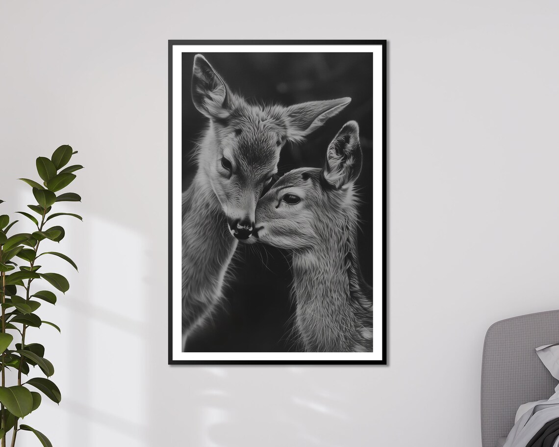 Tender Deer Pair Nuzzling Black And White Heartwarming Wildlife Art Poster - Image 4
