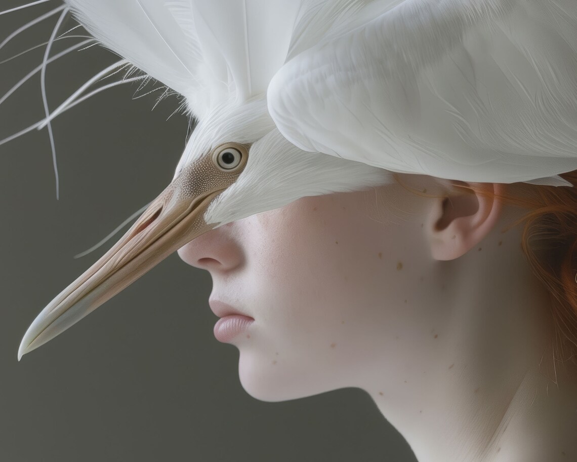 Surreal Woman Portrait Egret Feather Headdress Fashion Wall Art - Image 2