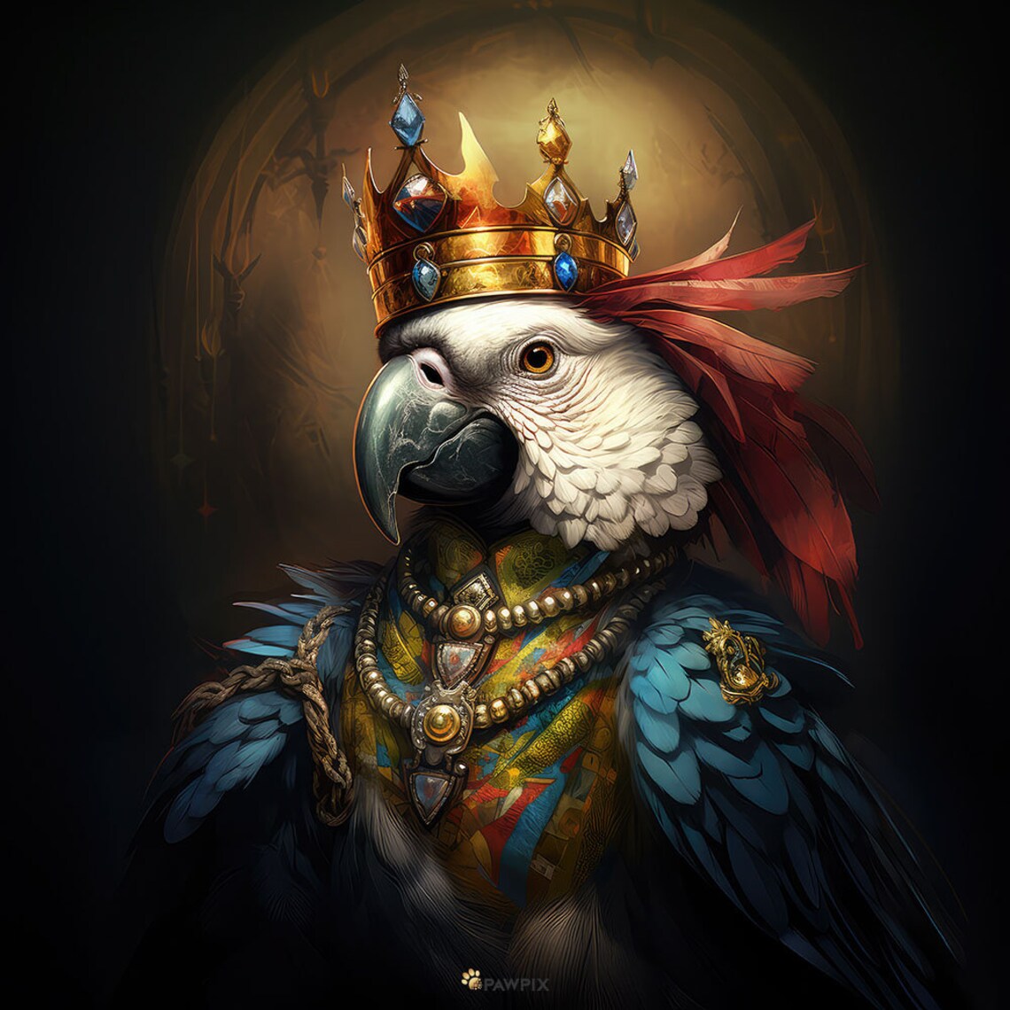 Royal Parrot King Wearing Crown Golden Portrait Baroque Wall Art - Image 4