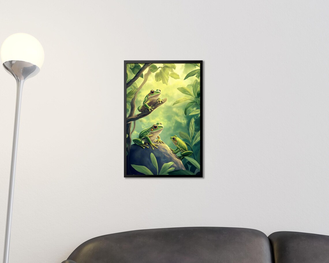 Three Green Tree Frogs in Sunlit Jungle Canopy Nature Wall Art - Image 2