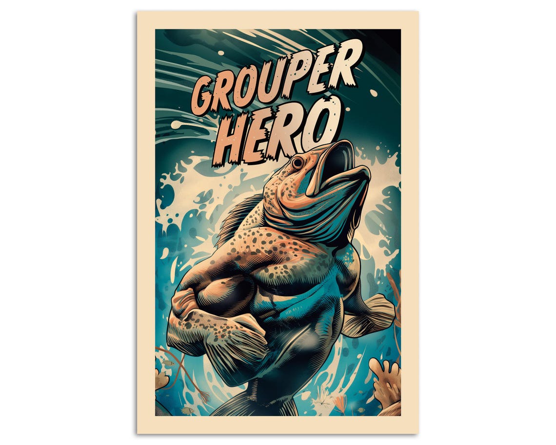 Grouper Hero Muscular Superhero Fish Leaping Comic Style Funny Poster - Image 3