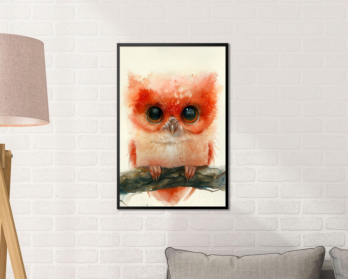 Fluffy Coral Owl Baby Watercolor Branch Cute Nursery Wall Art - Image 3