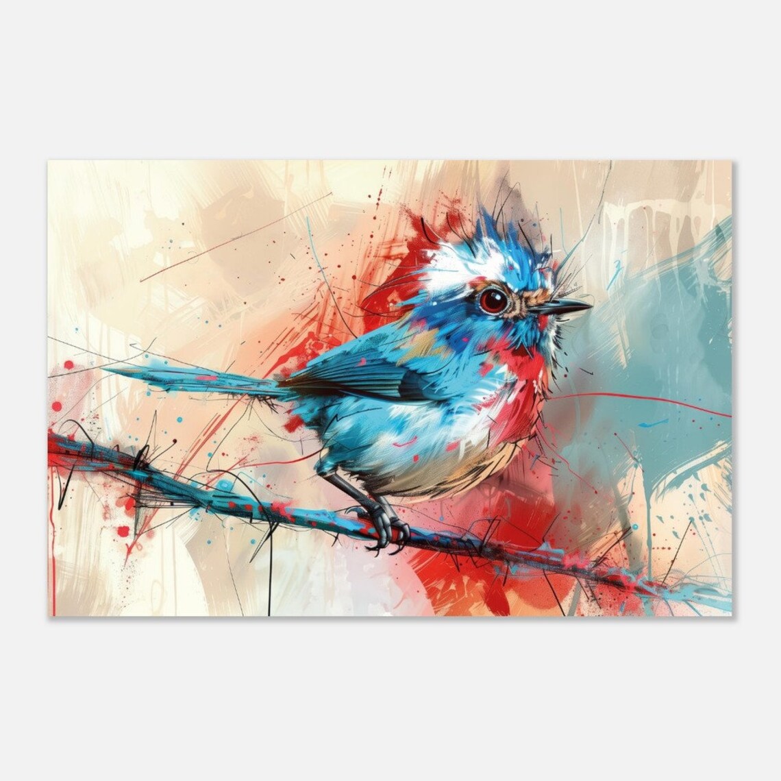 Microcosm Blue Songbird On Branch Macro Painting Vibrant Splash Poster - Image 3