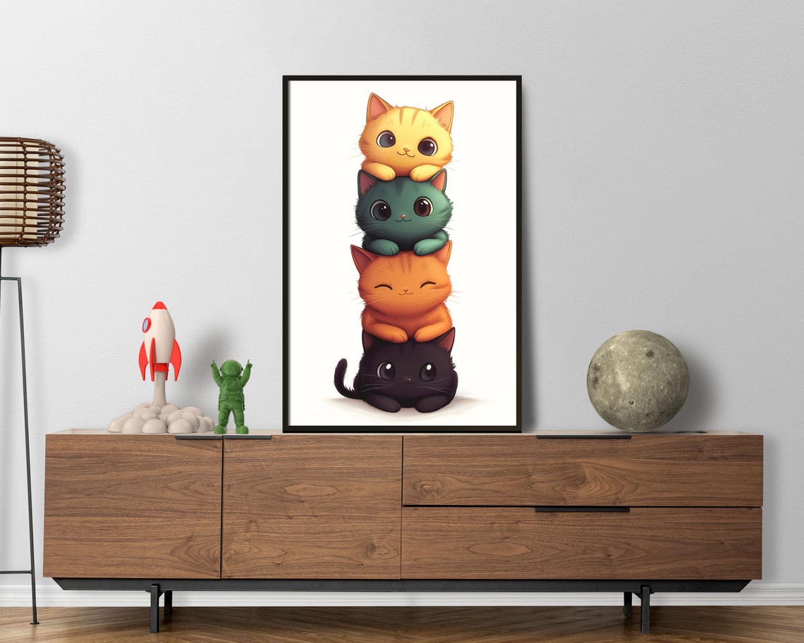 Adorable Stacked Cats Tower Four Cute Kittens Nursery Wall Art - Image 6