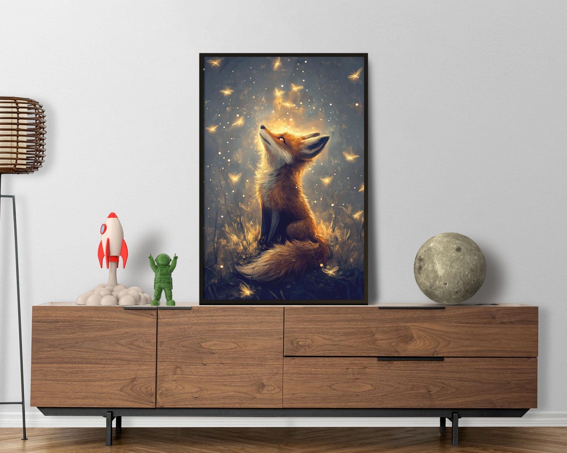 Fox Gazing At Glowing Fireflies Enchanted Night Forest Art Poster - Image 2