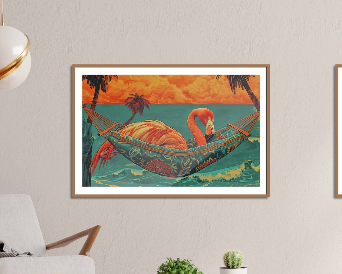 Flamingo Relaxing In Hammock Tropical Sunset Beach Fun Art Poster