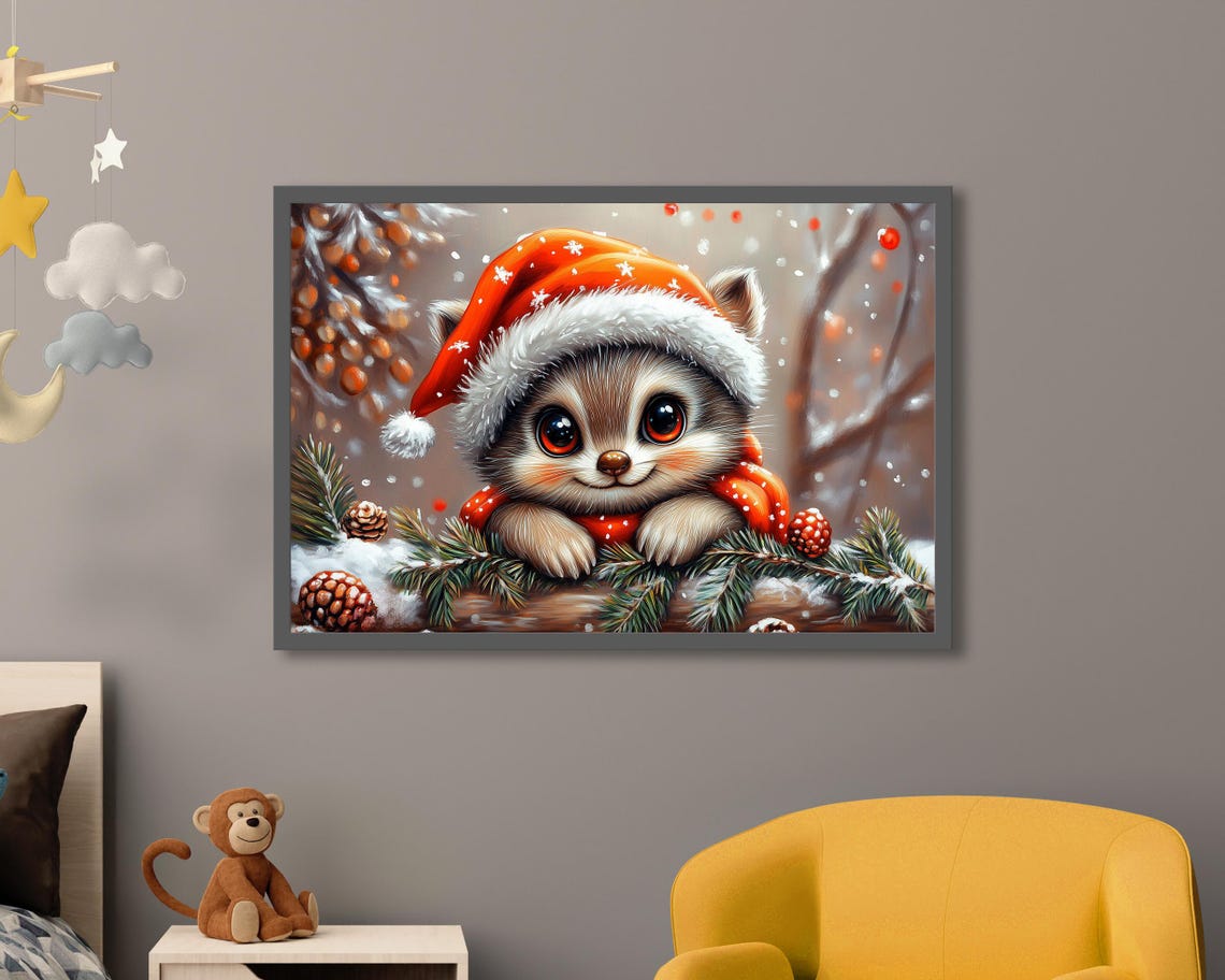 Raccoon In Santa Hat In Snowy Pine Forest Christmas Art Poster