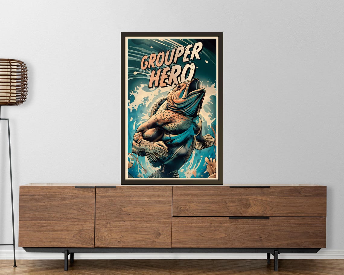 Grouper Hero Muscular Superhero Fish Leaping Comic Style Funny Poster