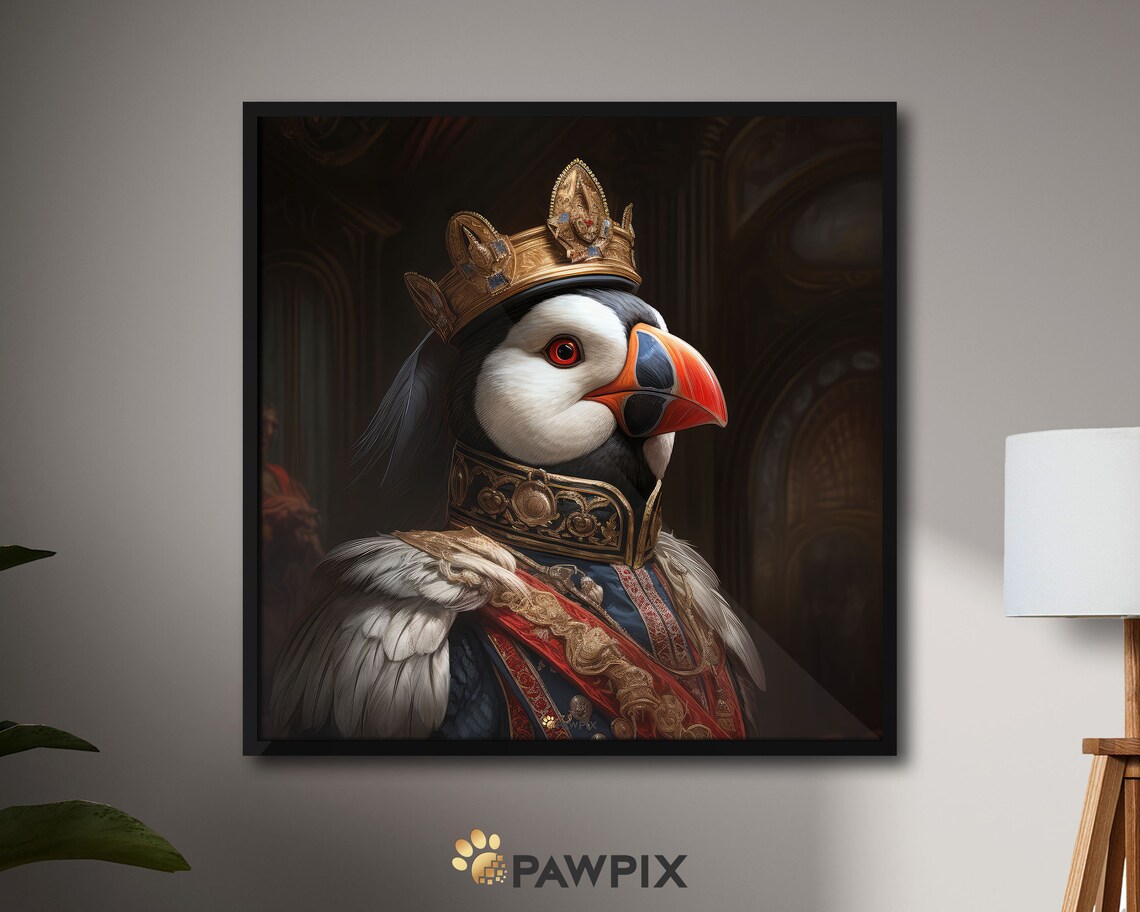 Royal Puffin In Gold Crown Regal Seabird Portrait Wall Art Poster
