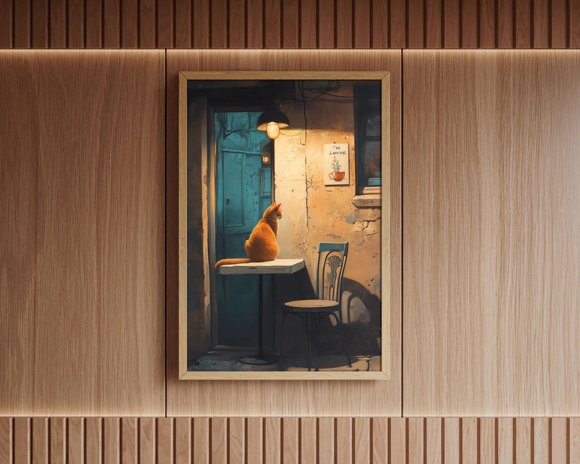 Orange Cat At Night Cafe Alley Rustic Warm Lamp Wall Art Poster - Image 6
