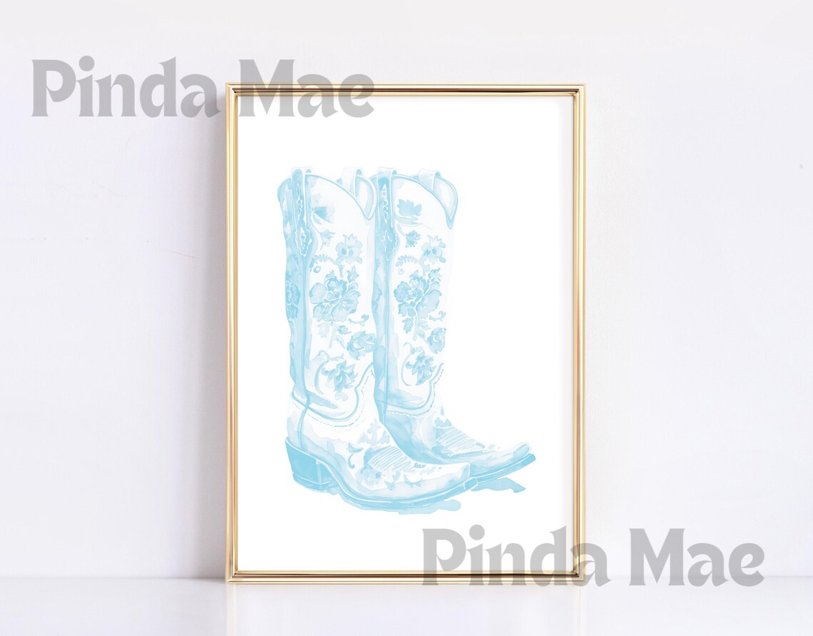 Light Blue Cowgirl Boots Floral Coastal Western Wall Decor Poster
