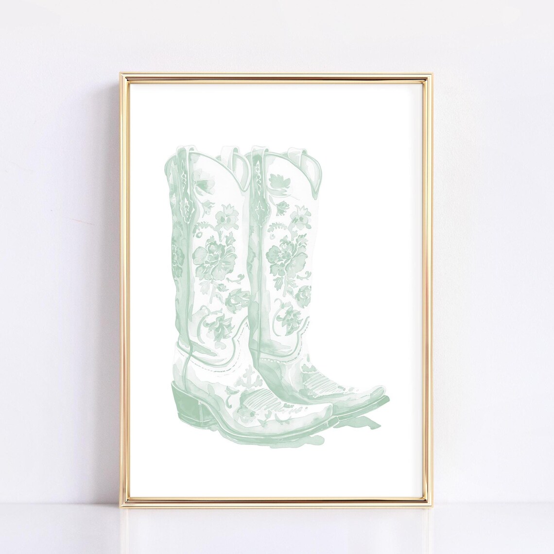 Green Cowgirl Boots Print Trendy Wall Print Aesthetic Western Wall Art Chinoiserie Wall Art College Dorm Decor Girly Floral Wall Art Preppy