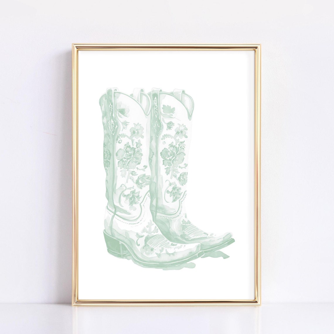 Sage Green Western Cowboy Boots Floral Line Art Wall Decor Poster