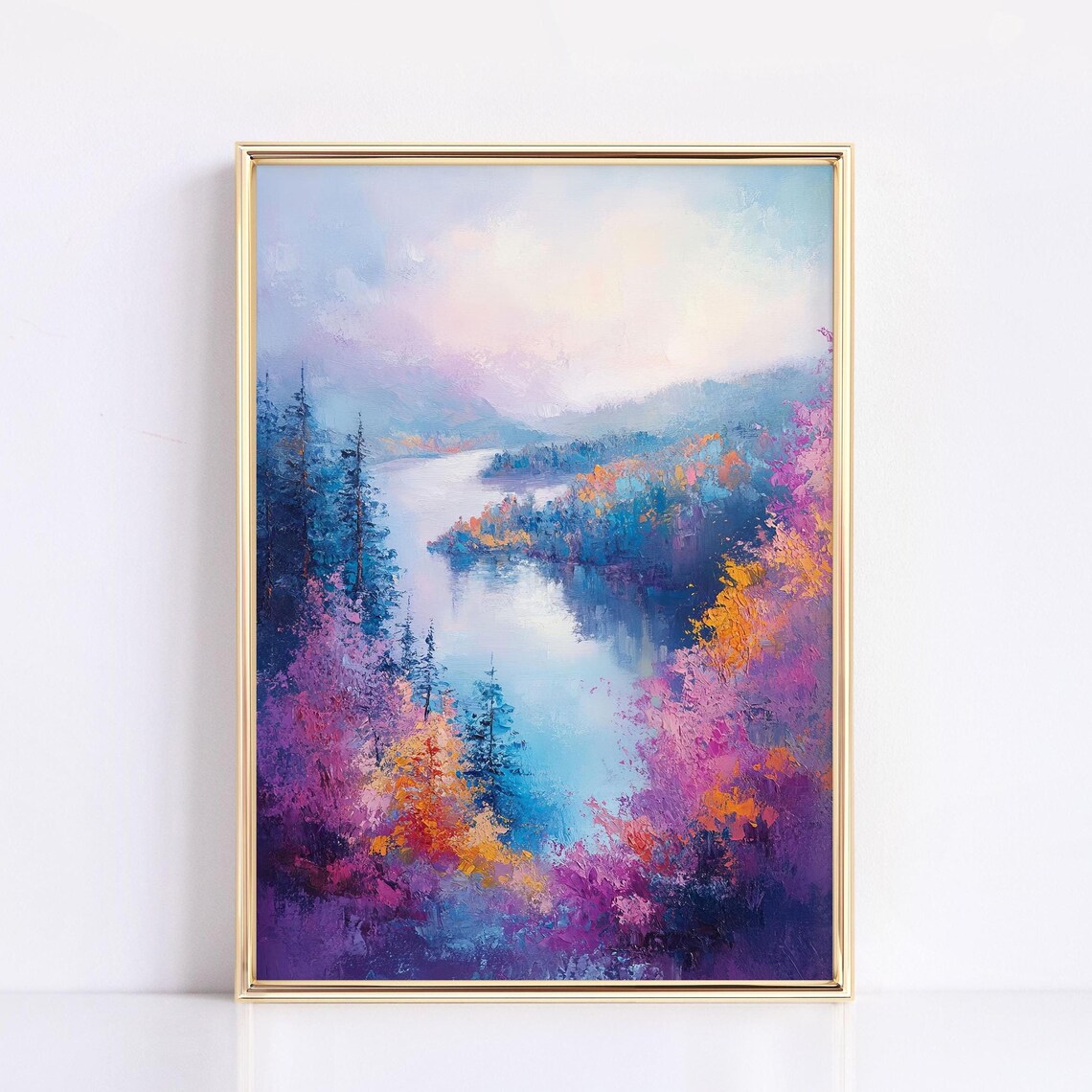 Pastel River Valley Painting Purple Pink Trees Colorful Impressionist Poster