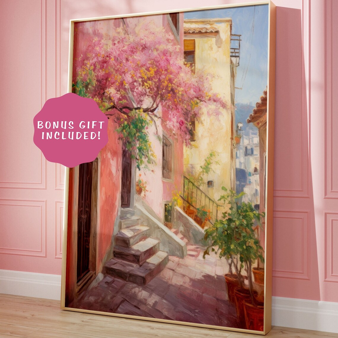 Mediterranean Village Alley Pink Bougainvillea Oil Painting Poster