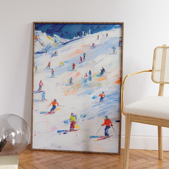 Impressionist Ski Slope Painting Colorful Skiers Winter Art Poster