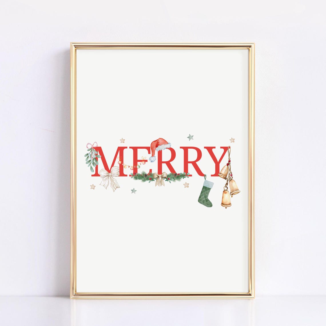 Merry Christmas Watercolor Holiday Bells Stocking Decor Poster