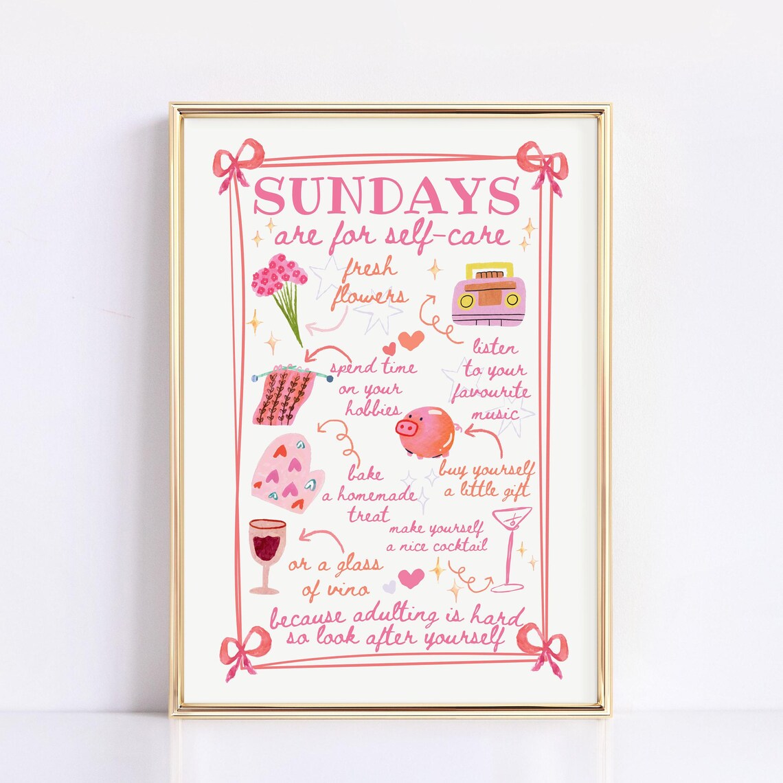 Sundays Are For Self Care Pink Illustrated Girly Checklist Poster