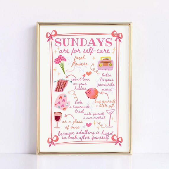 Sundays Are For Self Care Pink Illustrated Girly Checklist Poster
