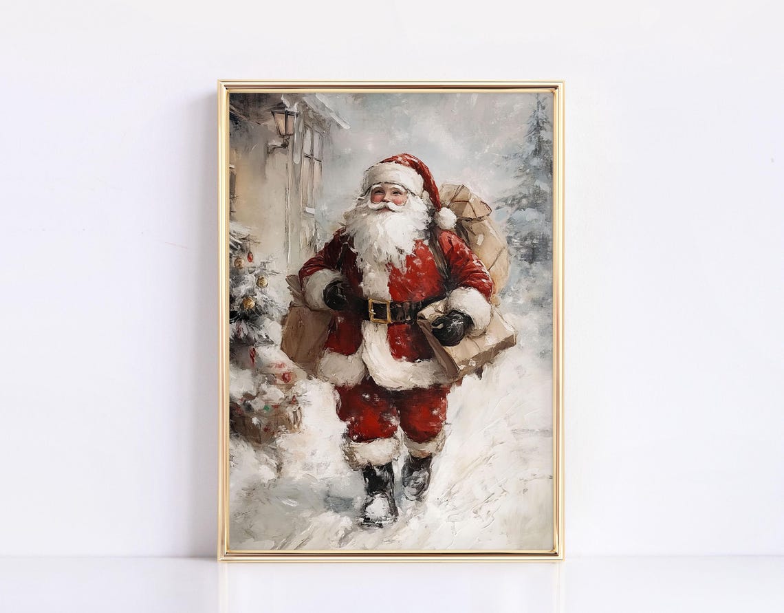 Vintage Santa In Snow Christmas Wall Art Xmas Holiday Decorations Farmhouse Christmas Moody Christmas Santa Painting Xmas Print