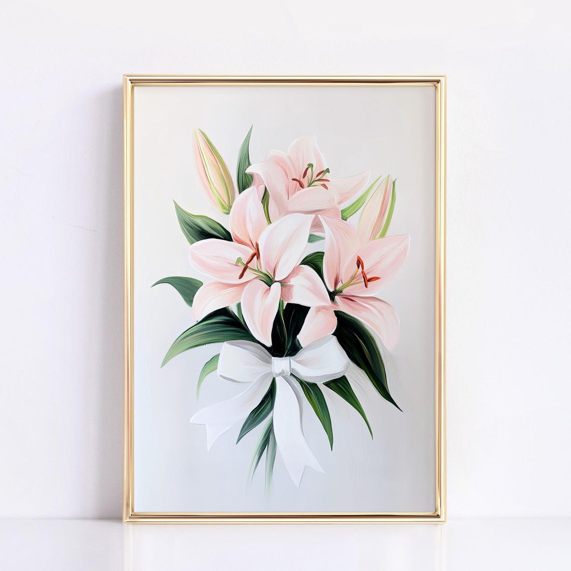 Pink Lily Bouquet with a White Bow in Soft Watercolor Poster