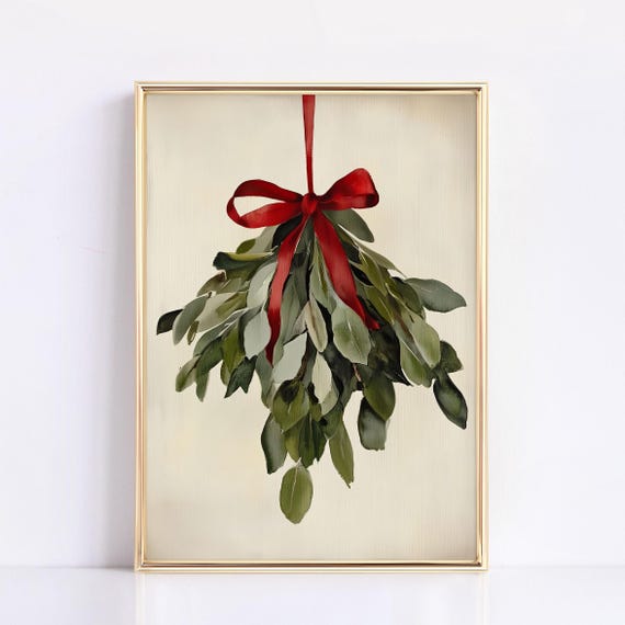 Vintage Christmas Mistletoe Painting, Farmhouse Decor