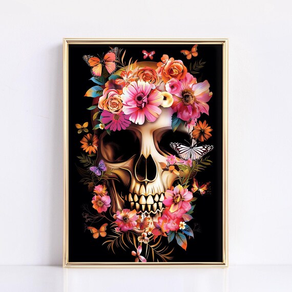 Floral Sugar Skull Butterfly Day of the Dead Gothic Wall Poster