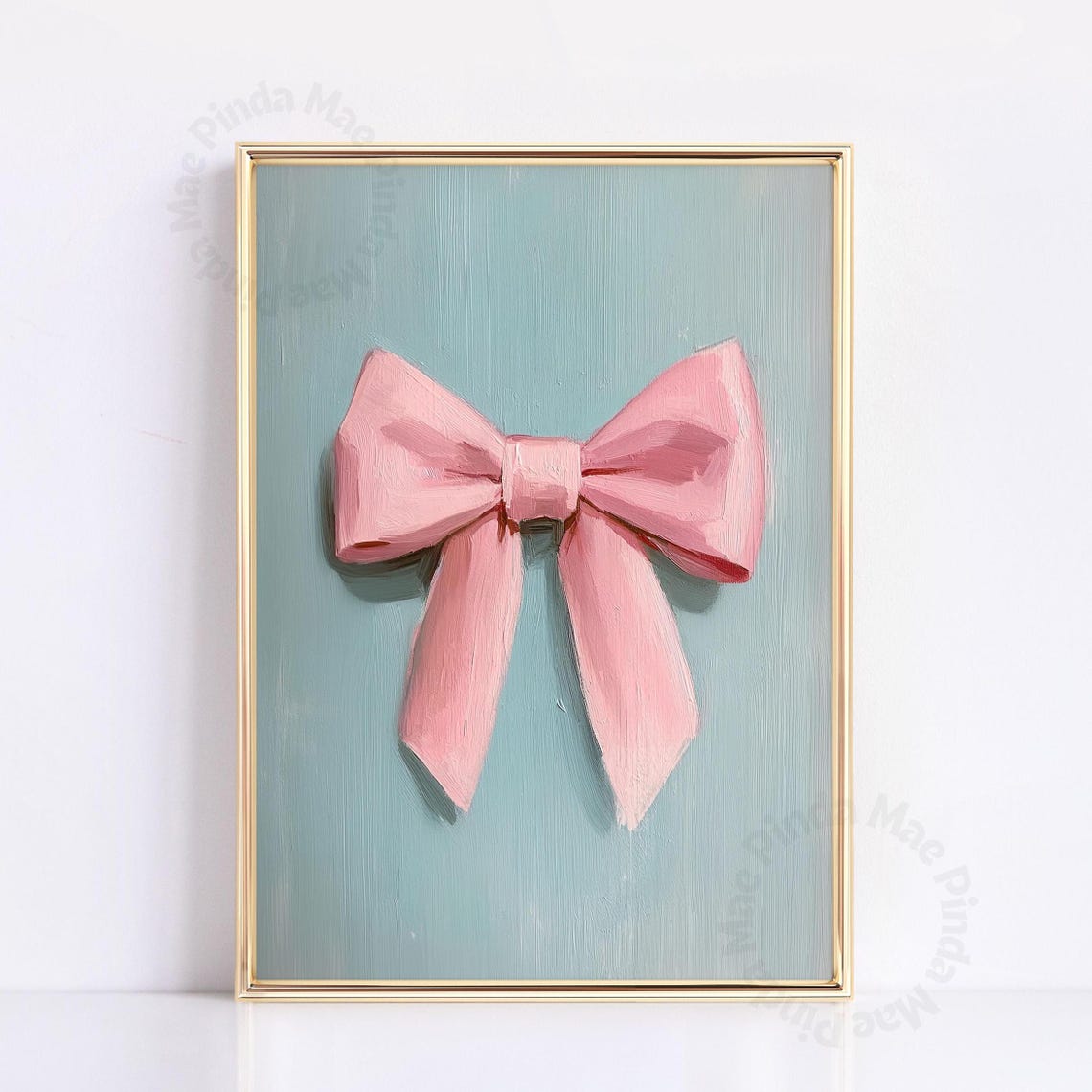 Pink Ribbon Bow on Dusty Blue Coquette Minimalist Wall Poster