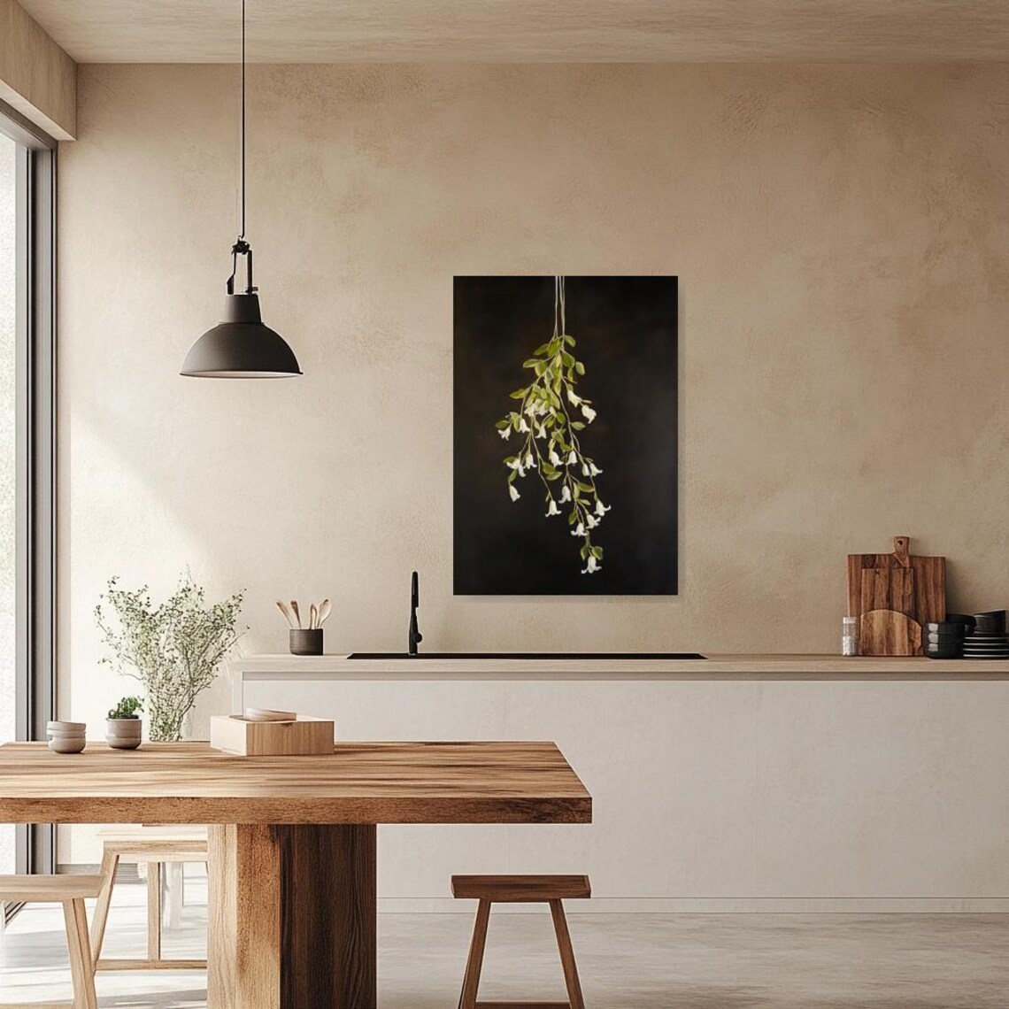 White Bellflower Branch Hanging on Dark Background Painting Poster - Image 3