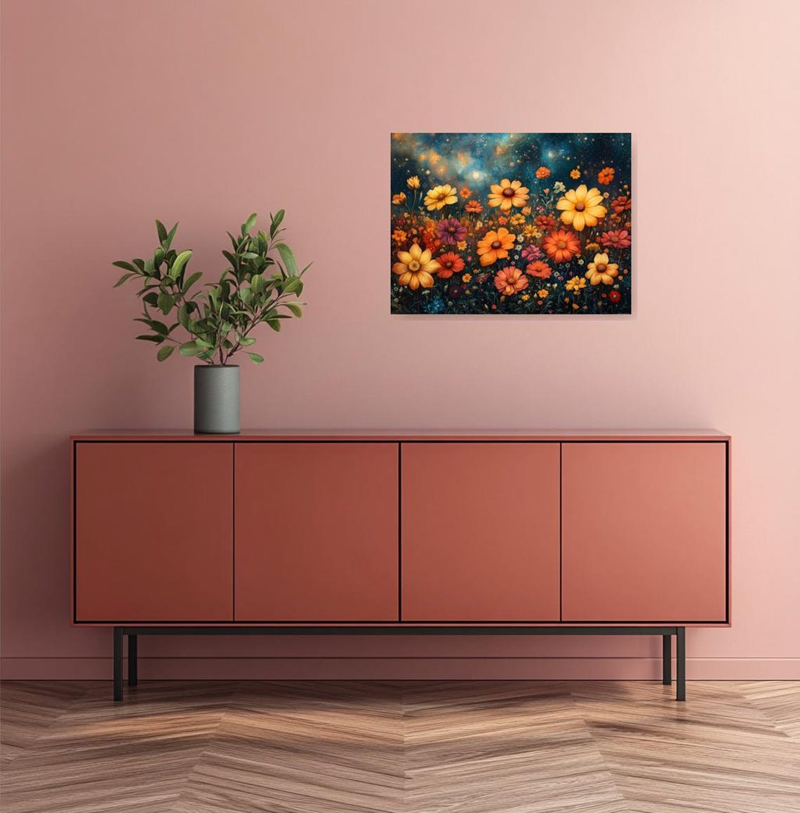 Vibrant Wildflower Field Blooming Under Starry Night Sky Poster - Image 3
