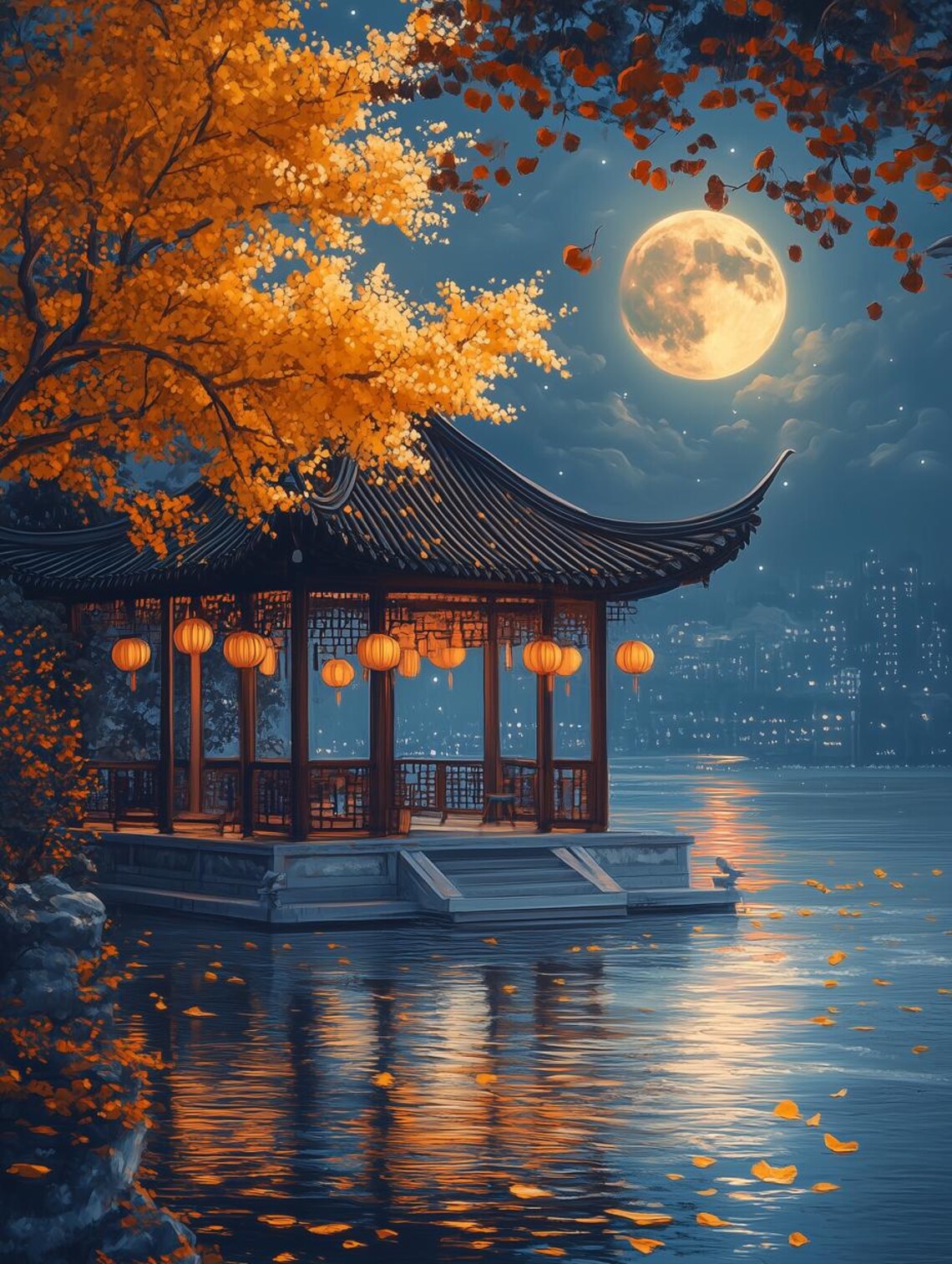 Chinese Moonlit Lakeside Pavilion With Lanterns Autumn Night Poster