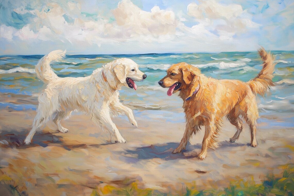Two Playful Golden Retrievers on the Beach Impressionist Dog Poster