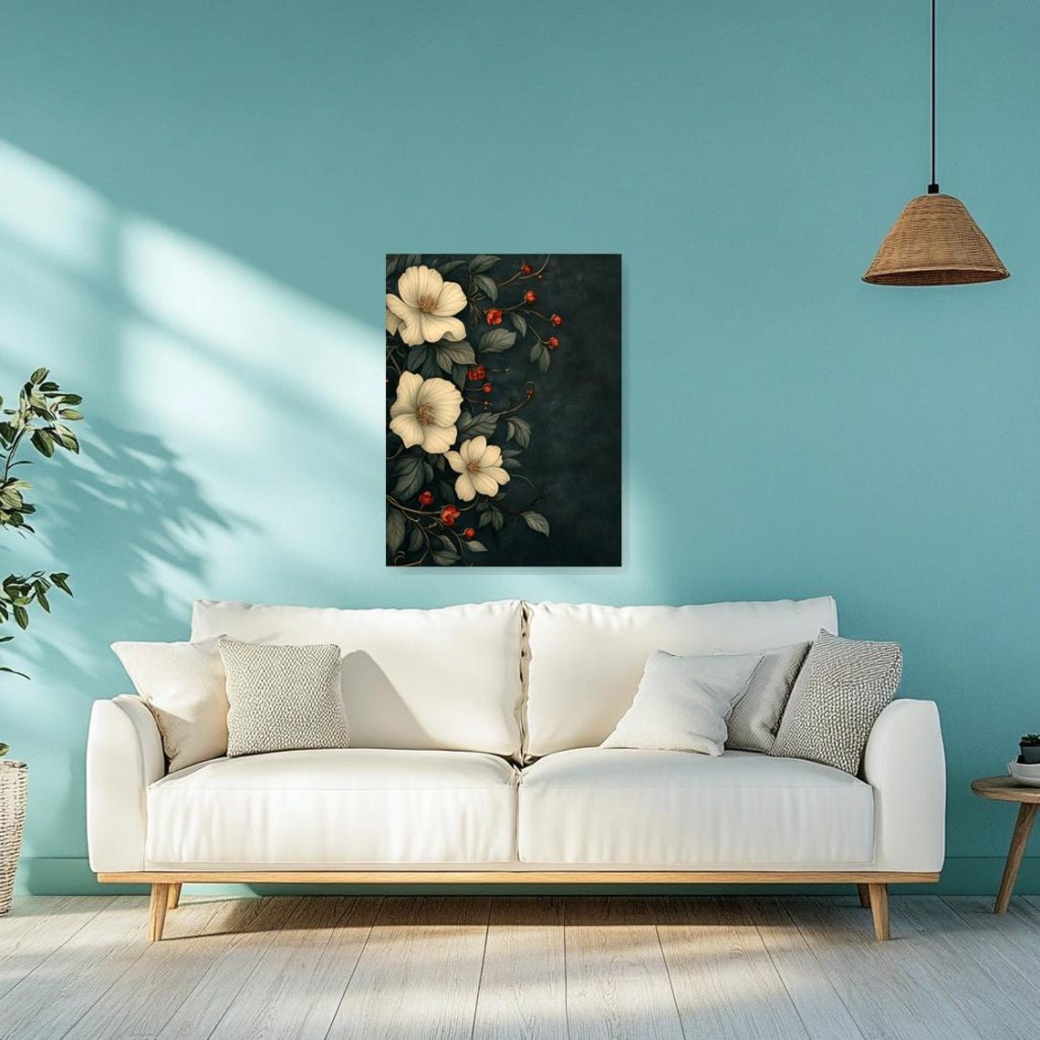 William Morris-Style White Flowers on Dark Teal Floral Poster - Image 3