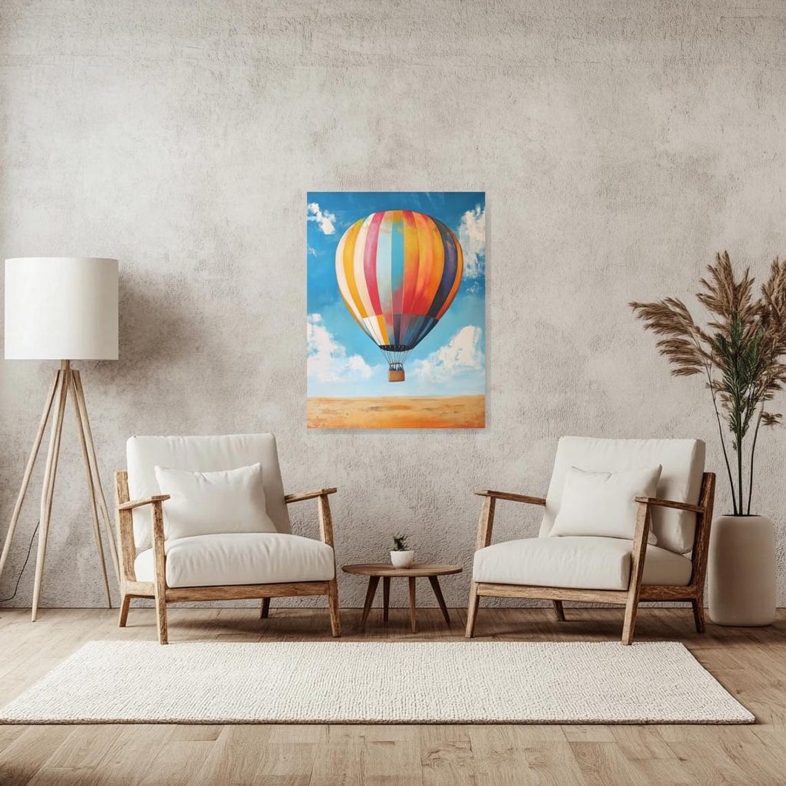 Colorful Striped Hot Air Balloon Floating Over Desert Sky Poster - Image 2