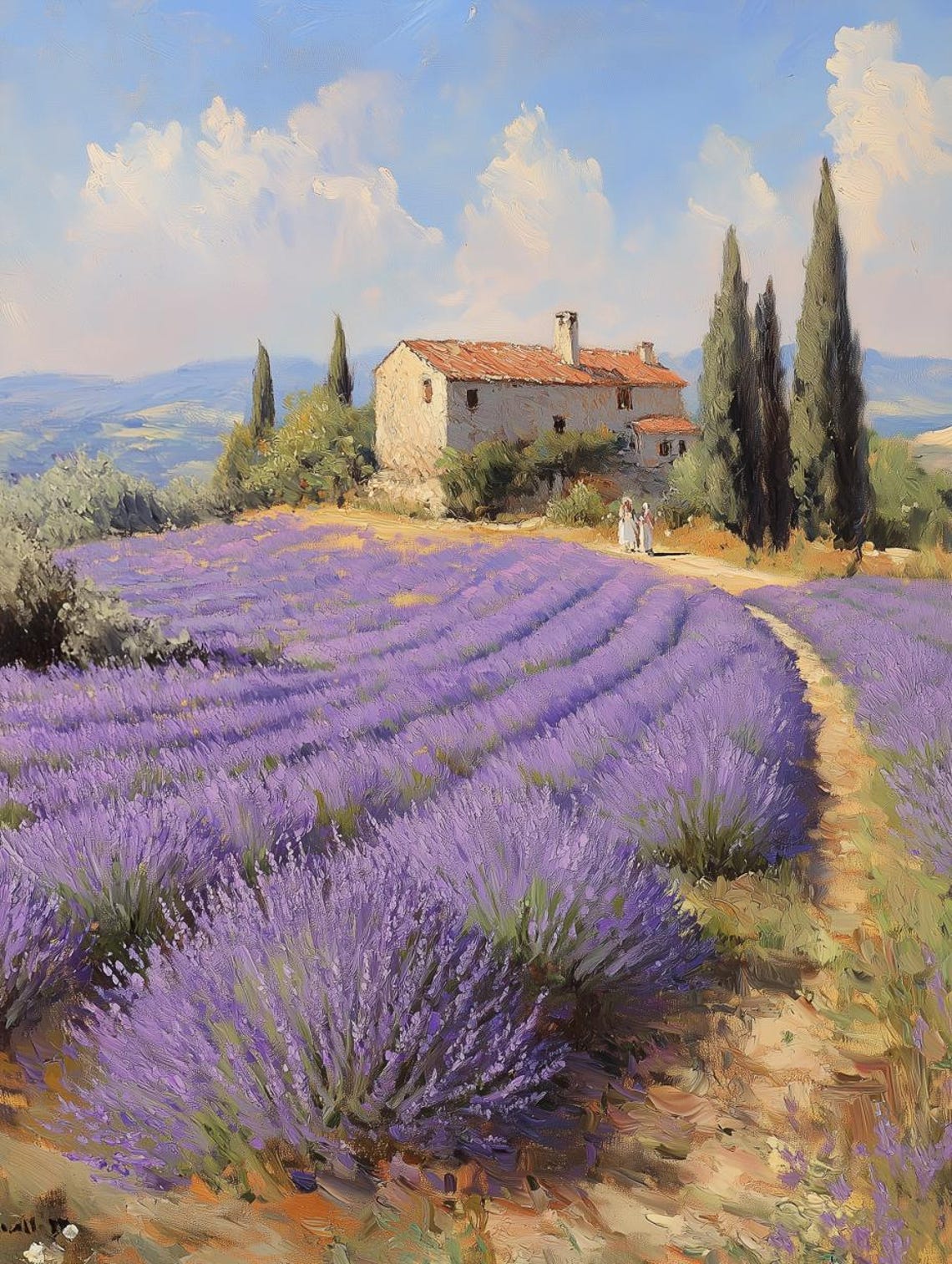 Provence Lavender Fields with Farmhouse and Cypress Trees Poster