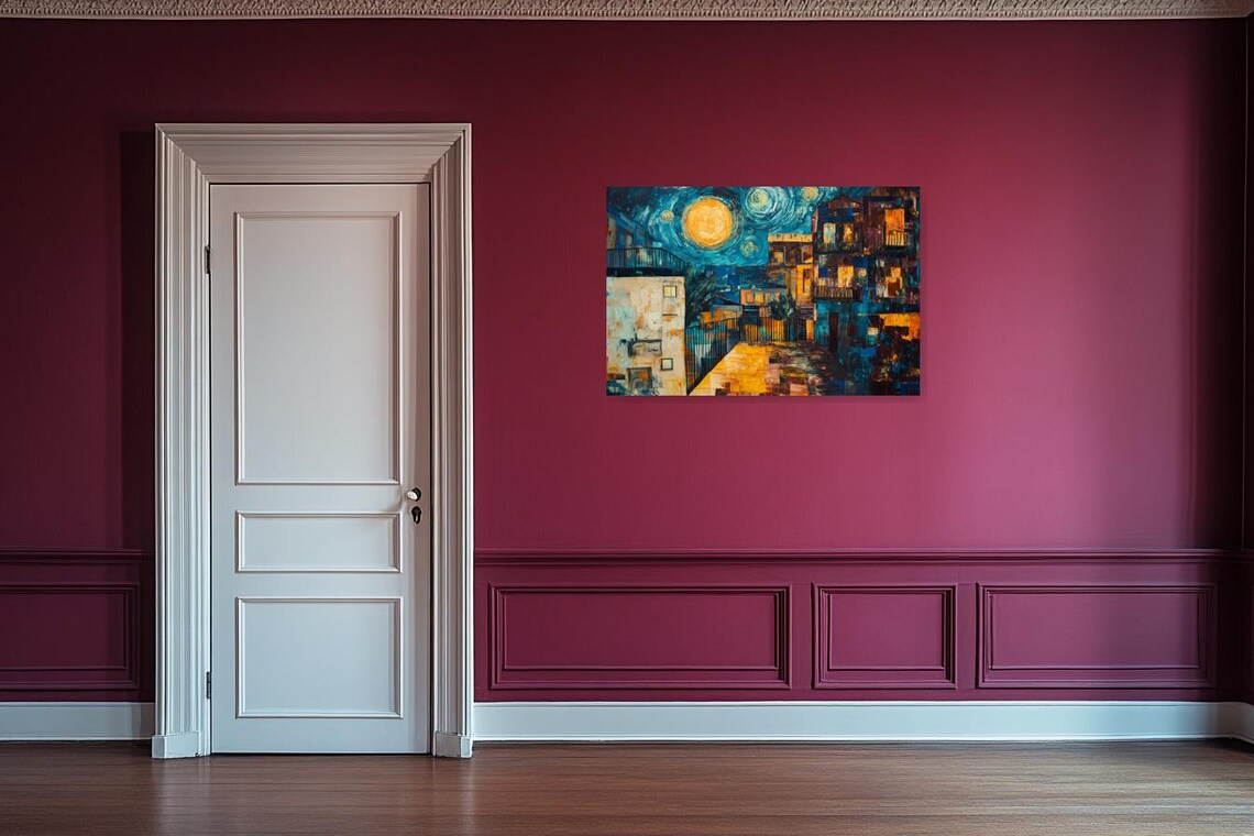 Starry Night Old Town Moonlit Street Swirling Sky Oil Painting Poster - Image 3