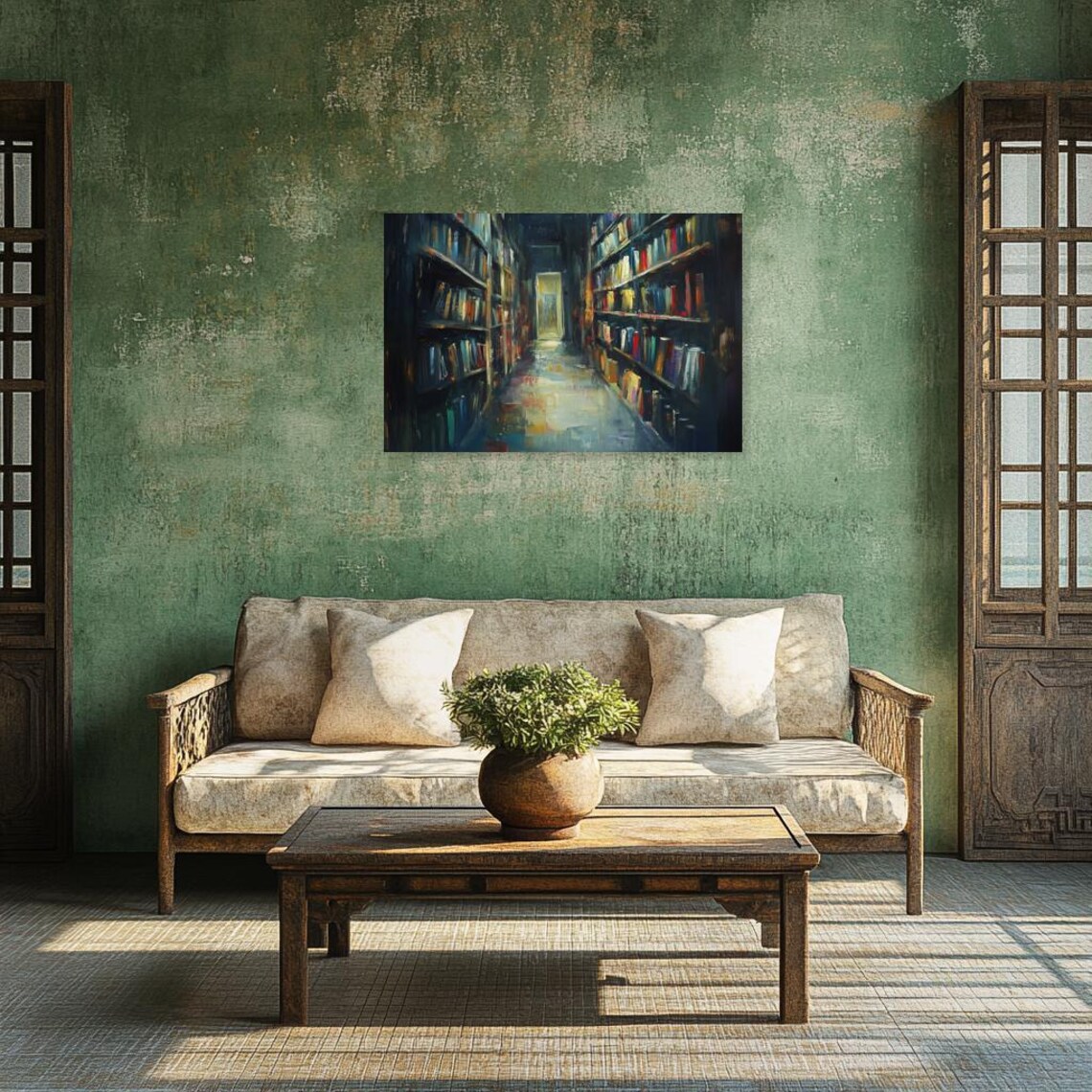 Moody Dark Library Corridor Painted in Rich Oils With Distant Light Poster - Image 3
