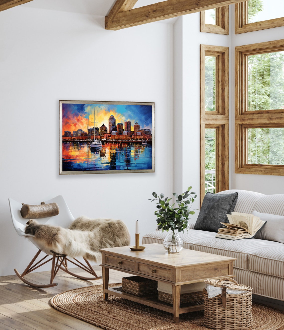 Boston Harbor Sunset Skyline Reflection Expressionist Painting Poster - Image 2