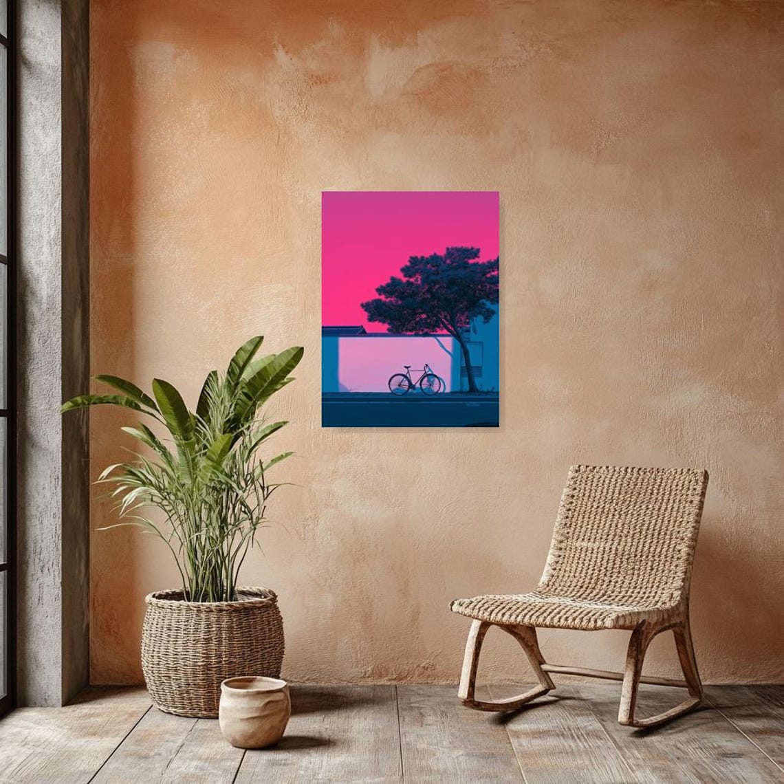Vaporwave Pink Blue Bicycle Silhouette Minimalist Art Poster - Image 2