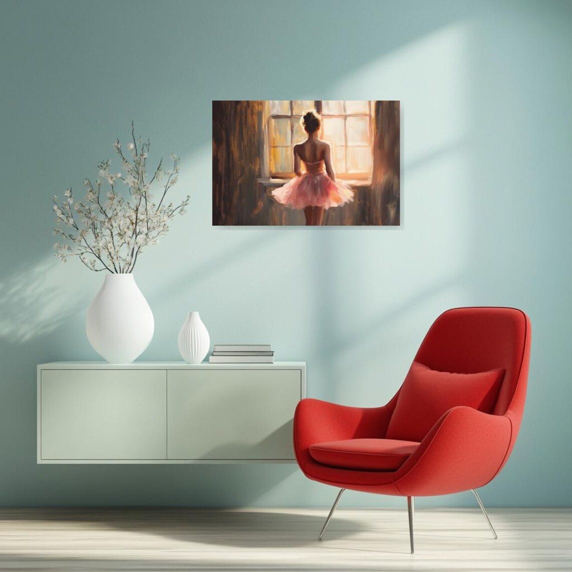 Ballerina in Pink Tutu Sitting by Sunlit Window Impressionist Art Poster - Image 2