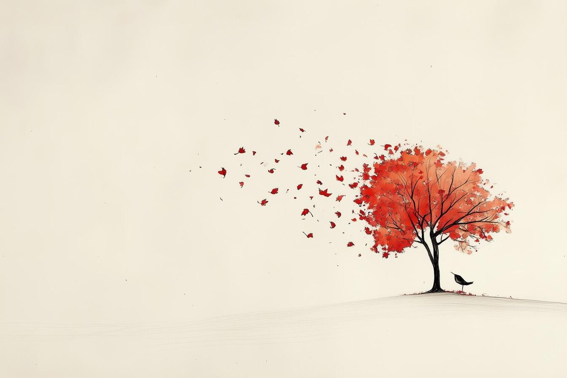 Red Autumn Tree With Falling Leaves Minimalist Watercolor Art Print