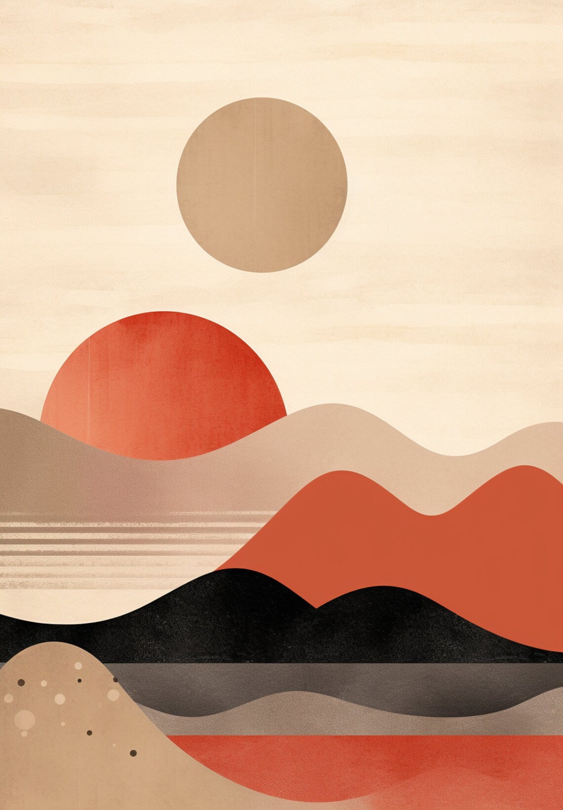 Japanese Watercolor Landscape with Crimson Sun Abstract Valley Poster
