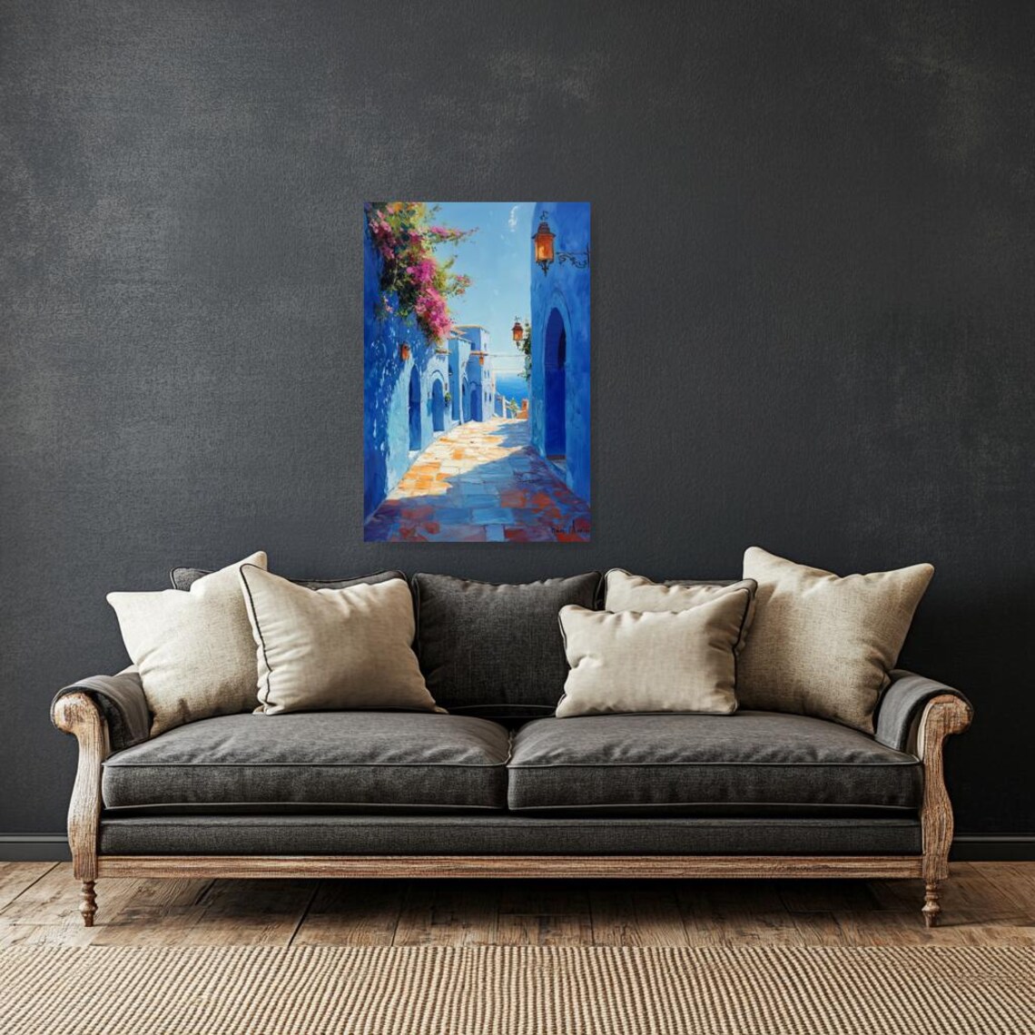 Bright Blue Mediterranean Alley with Bougainvillea and Sea Poster - Image 2