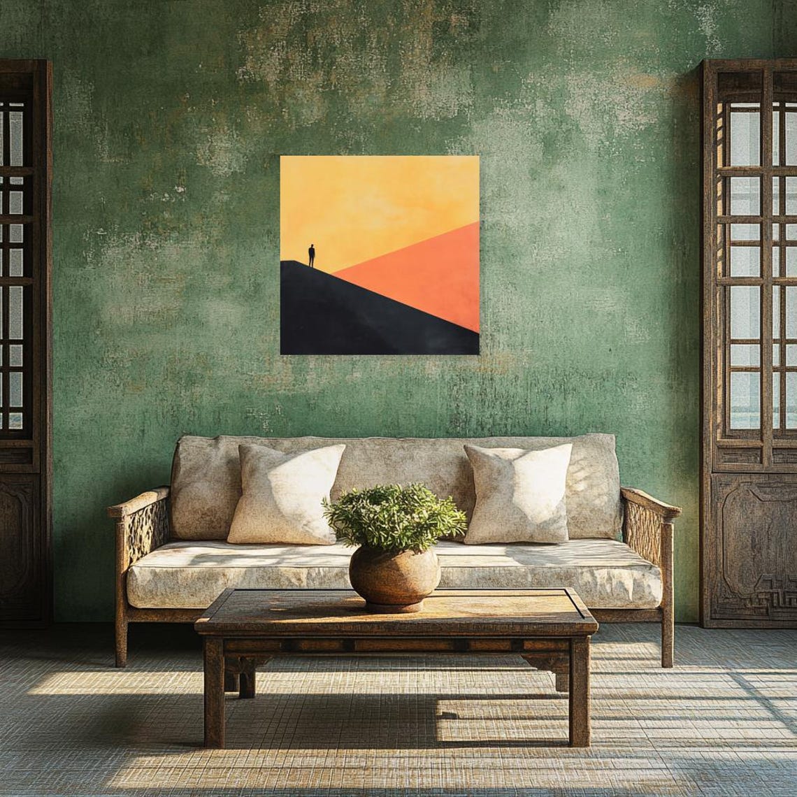Lone Figure On Dark Slope Under Gradient Yellow Sky Art Poster - Image 2