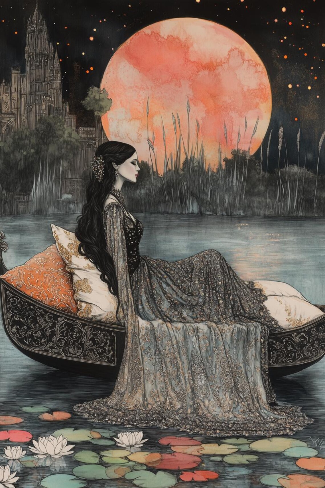 Elegant Woman in Gondola Under Giant Pink Moon Art Nouveau Poster
