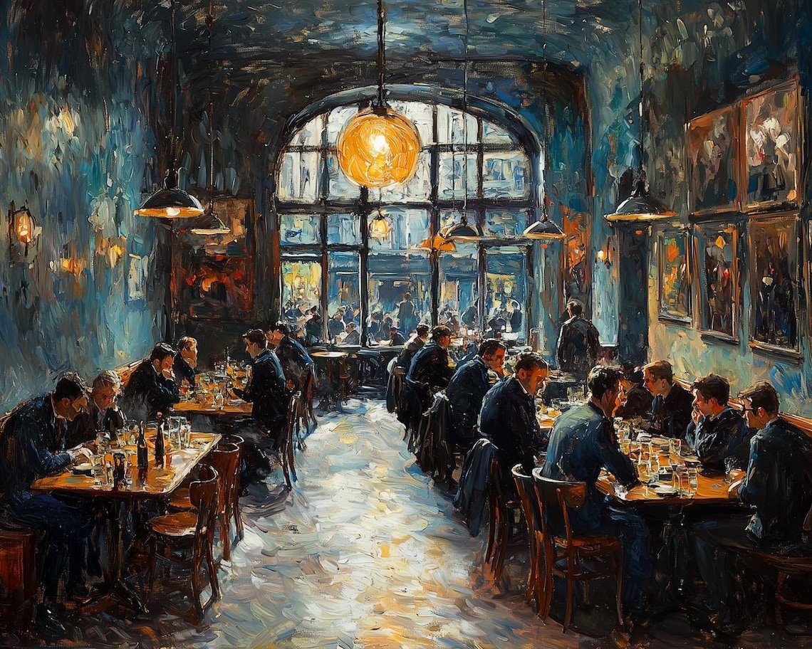 Cozy European Cafe Interior Warm Lamps Impressionist Art Poster