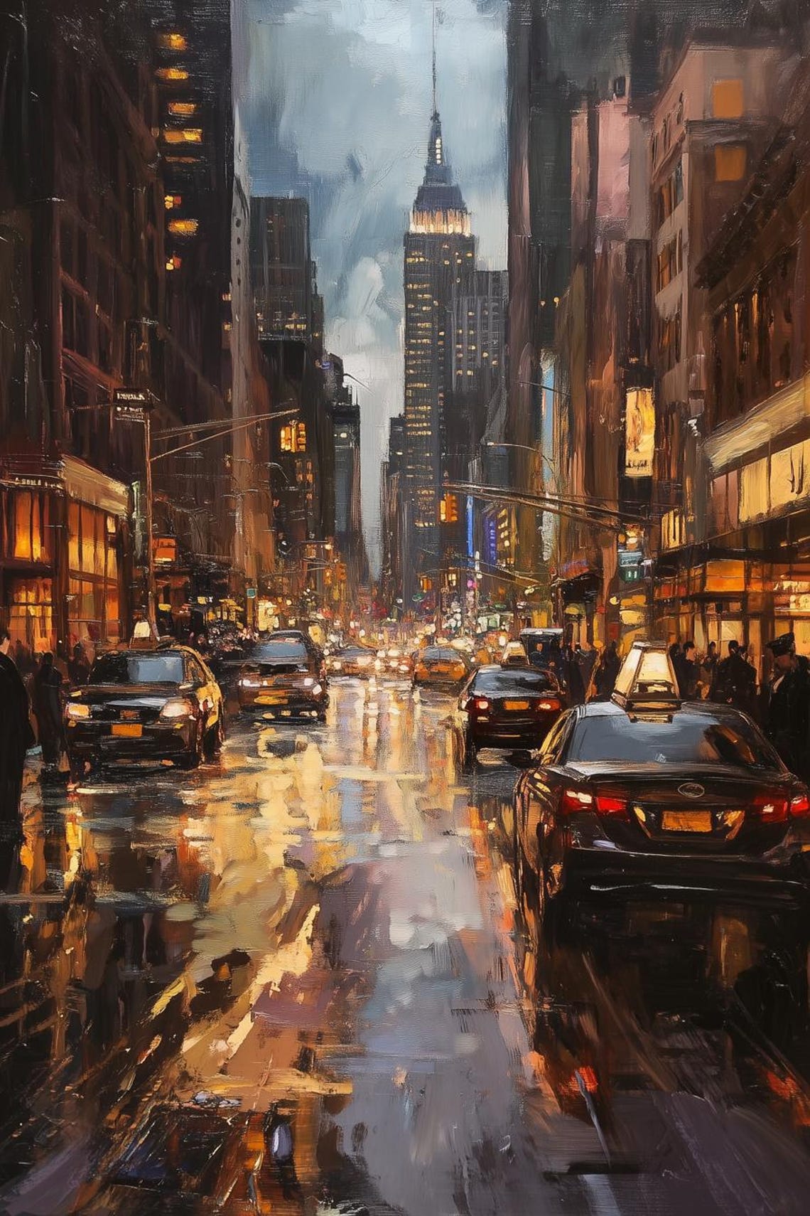 Wet New York City Street with Taxis at Dusk Impressionist Poster