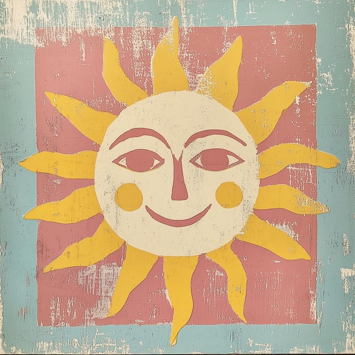 Rustic Happy Smiling Sun Face Vintage Folk Art Kitchen Poster