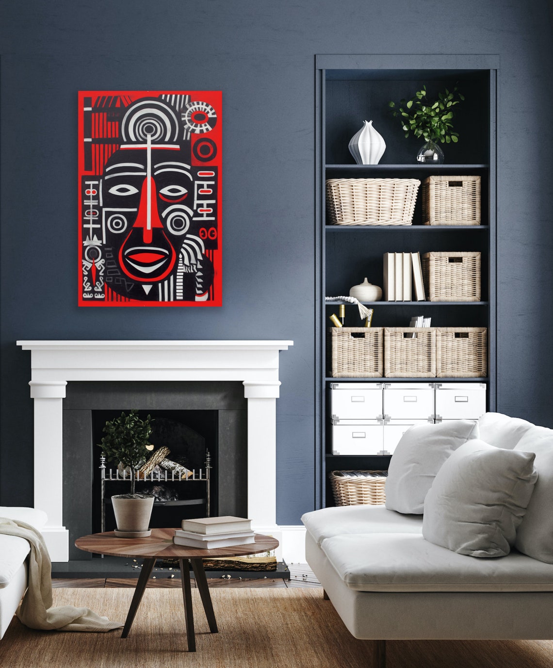 Bold Totemic Mask Figures Red Black Tribal Abstract Art Poster - Image 2