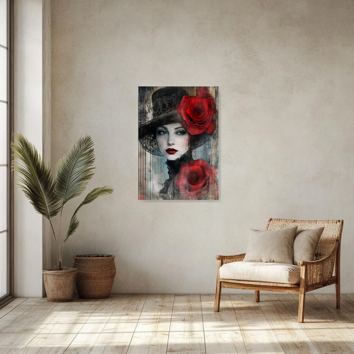 Woman in a Wide Black Hat with Bold Red Roses Art Nouveau Poster - Image 5